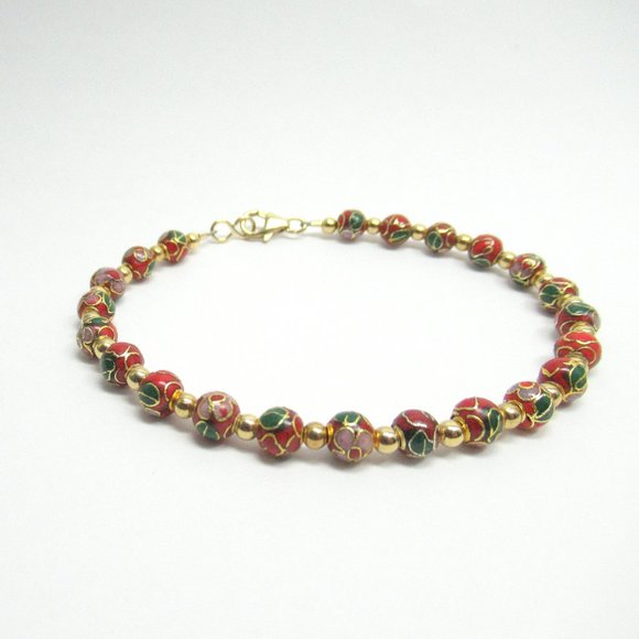 Red Cloisonne Bead Bracelet - Picture 3 of 7